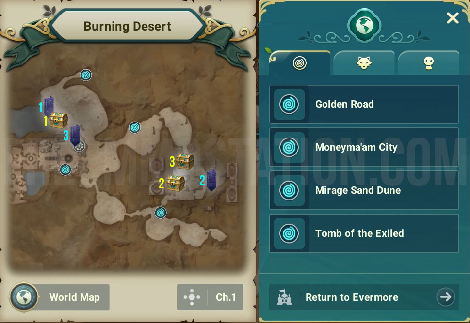 Ni no Kuni Cross Worlds Burning Desert Chests and Vistas Locations