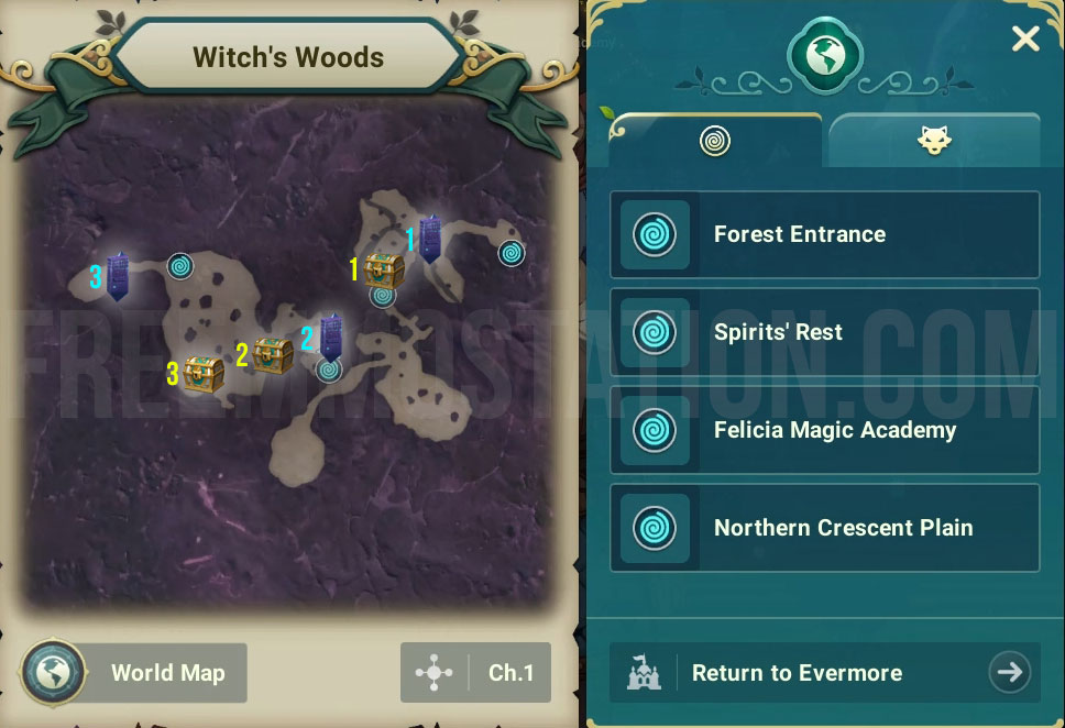 Ni no Kuni Cross Worlds Witch's Woods Chests and Vistas Locations